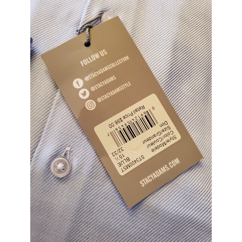 NWT Stacy Adams Modern Fit Dress Shirt Blue 15.5 32/33 M Cotton Button Down Mens - Picture 3 of 11